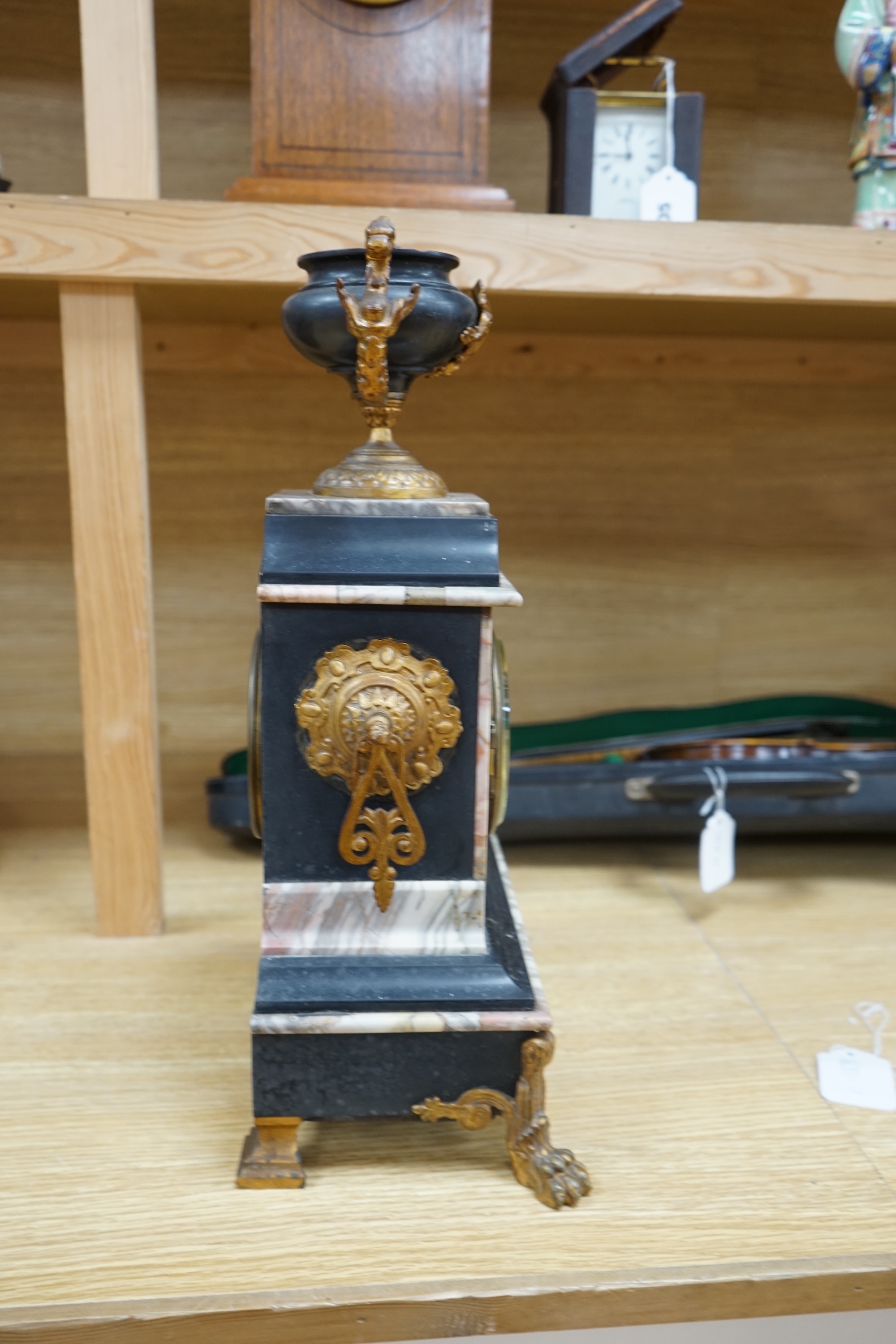 An early 20th century gilt metal and marble clock, no key or pendulum, 44cm. Condition - fair to good, not tested